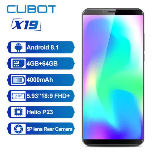 Cubot X19 5.93'' Smartphone 4GB/64GB 18:9 FHD+ Dual Camera 16.0MP 4000mAh Face ID 