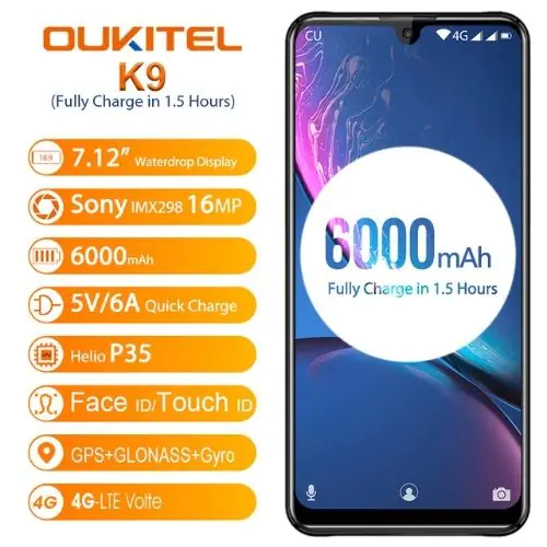 OUKITEL K9 4G Smartphone Global Version 7.12 inch FHD+ Waterdrop Display 6000mAh 4GB RAM 64GB ROM Helio P35 Octa Core 2.3GHz