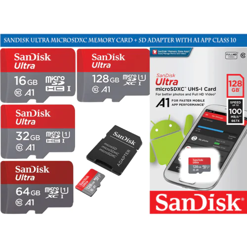  SanDisk Ultra microSDXC Memory Card + SD Adapter with A1 App Performance Up to 100 MB/s, Class 10, U1